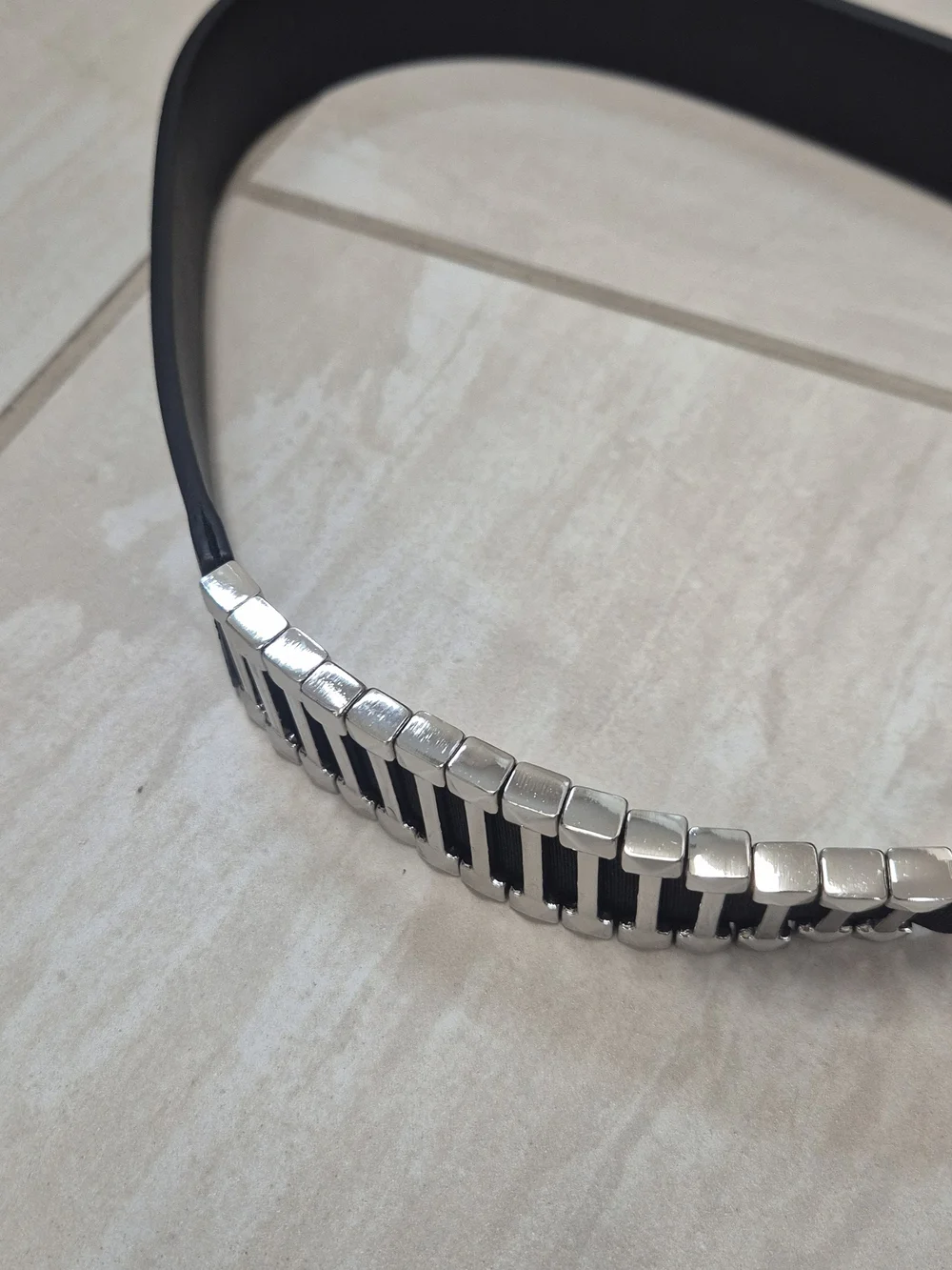 Women’s Black Leather Belt with Silver Chain Link Detail